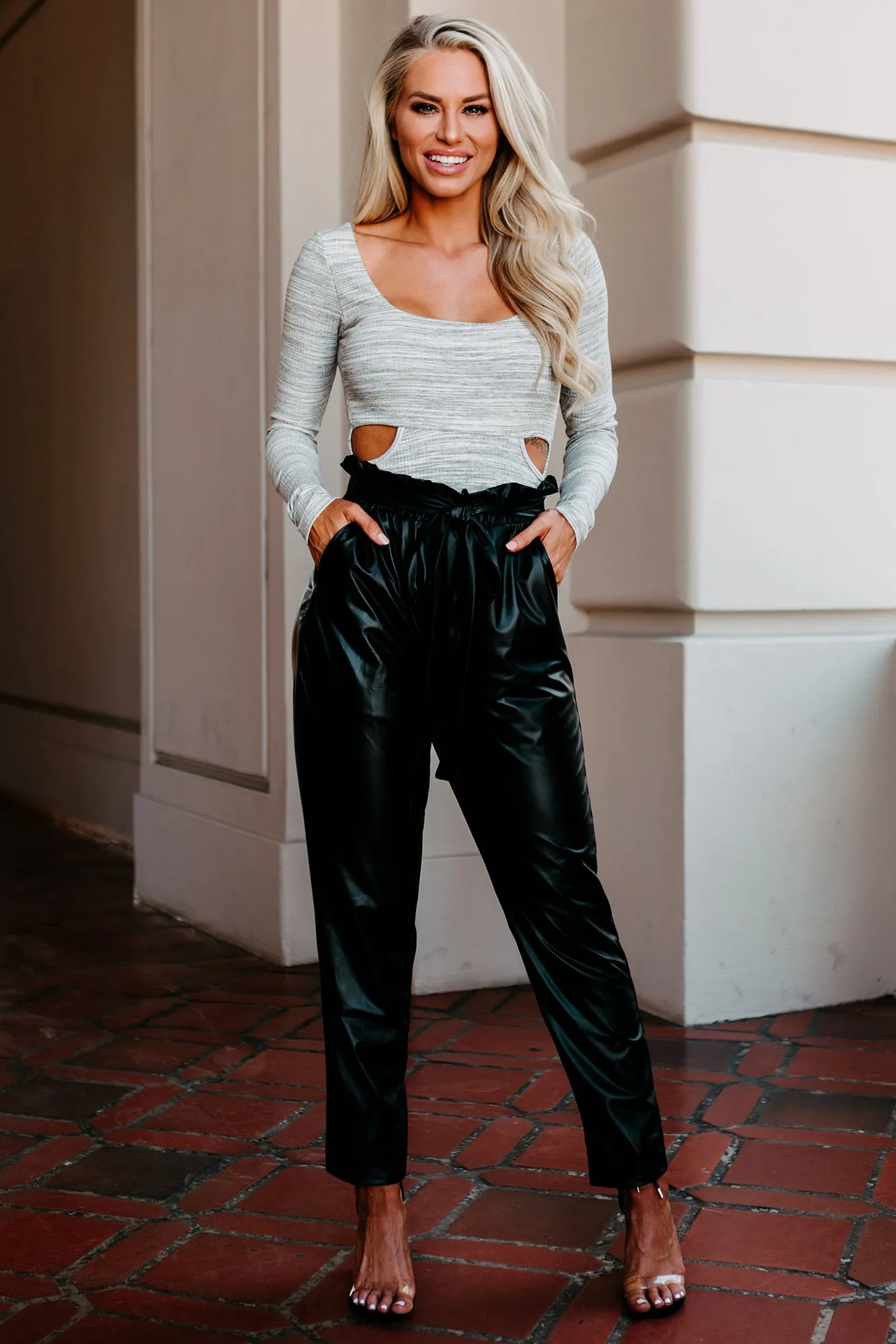 Midnight Horizon Faux Leather Paperbag Pants (Black)