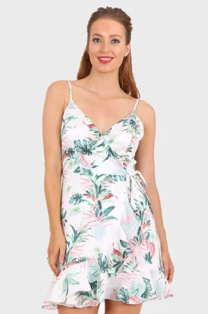 MISS PINKI Emersyn ruffle Wrap Satin Dress in green floral - white