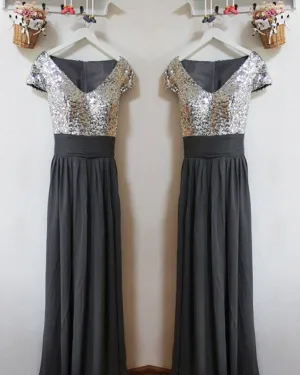 Modest Silver Sequins Grey Chiffon Bridesmaid Dresses Short Sleeves Ruffles V-Neck Floor Length