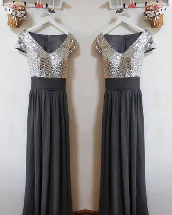 Modest Silver Sequins Grey Chiffon Bridesmaid Dresses Short Sleeves Ruffles V-Neck Floor Length