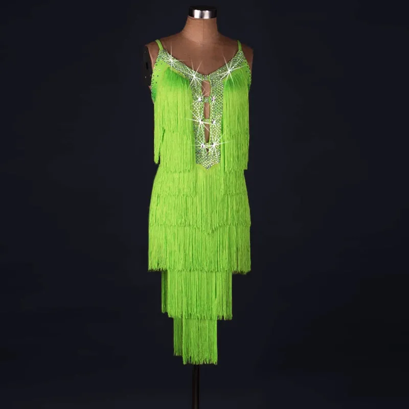 Neon green Fringe Latin Dance Dresses Women's Performance Spandex Tassel Sleeveless salsa chachaDress