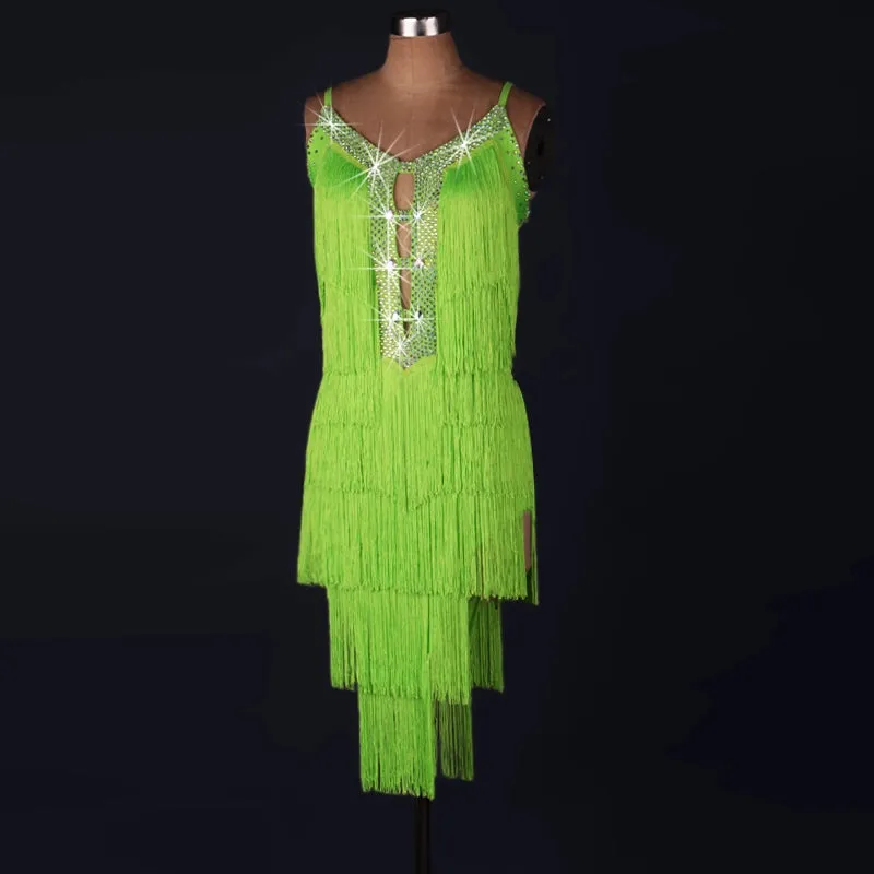 Neon green Fringe Latin Dance Dresses Women's Performance Spandex Tassel Sleeveless salsa chachaDress