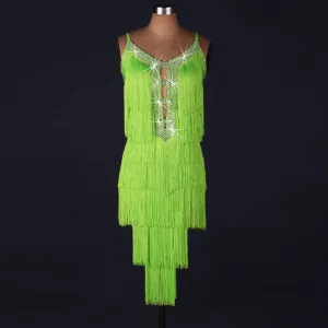 Neon green Fringe Latin Dance Dresses Women's Performance Spandex Tassel Sleeveless salsa chachaDress