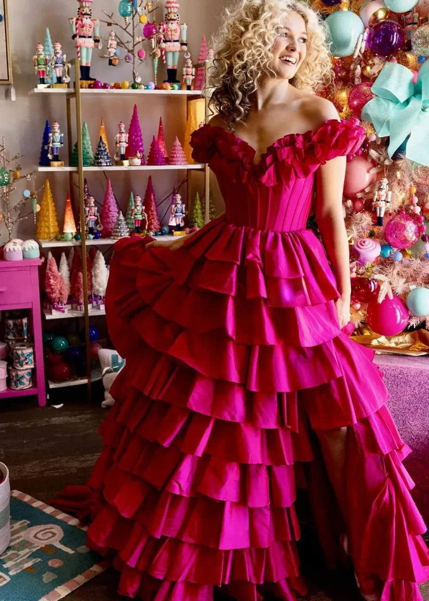 Off-Shoulder Ruched A-line Layered Satin Prom Dresses with Slit