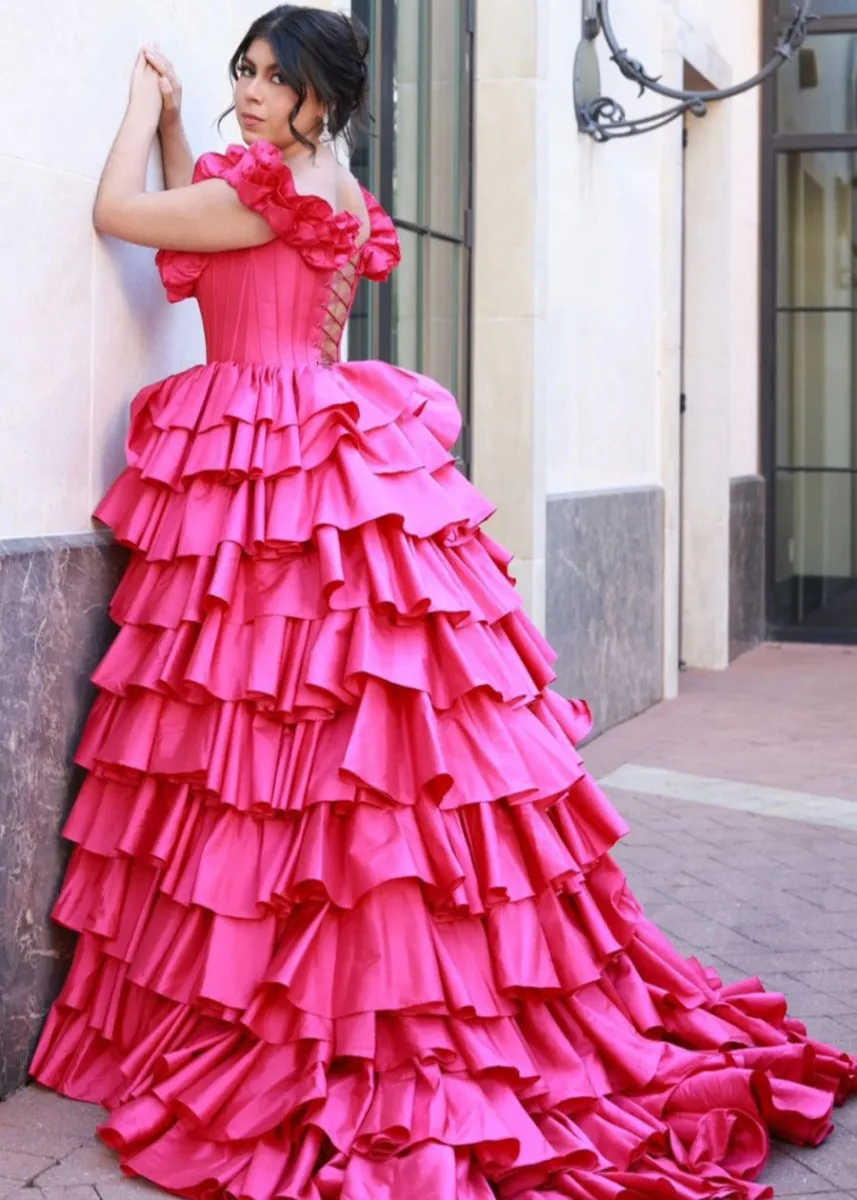 Off-Shoulder Ruched A-line Layered Satin Prom Dresses with Slit