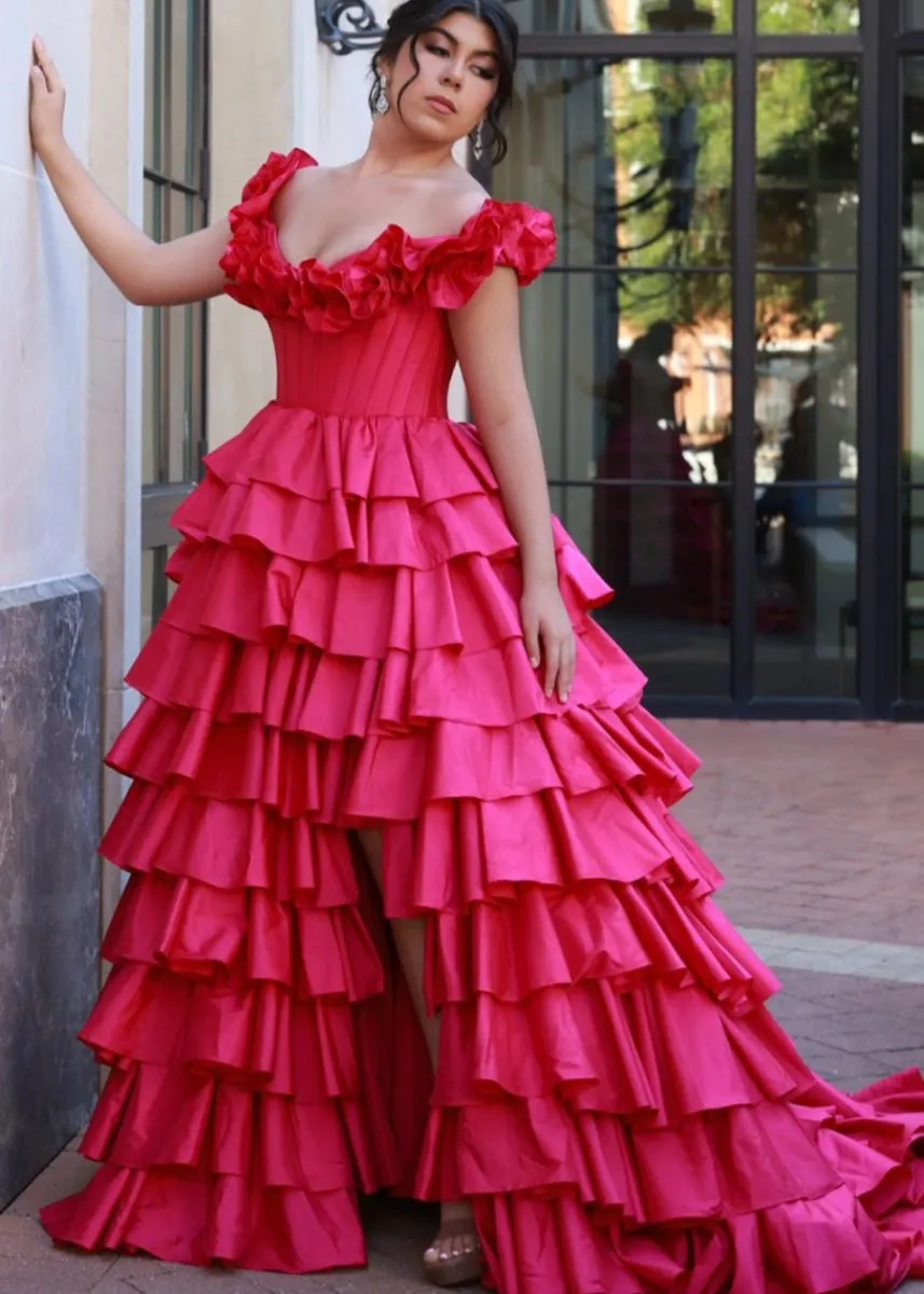 Off-Shoulder Ruched A-line Layered Satin Prom Dresses with Slit