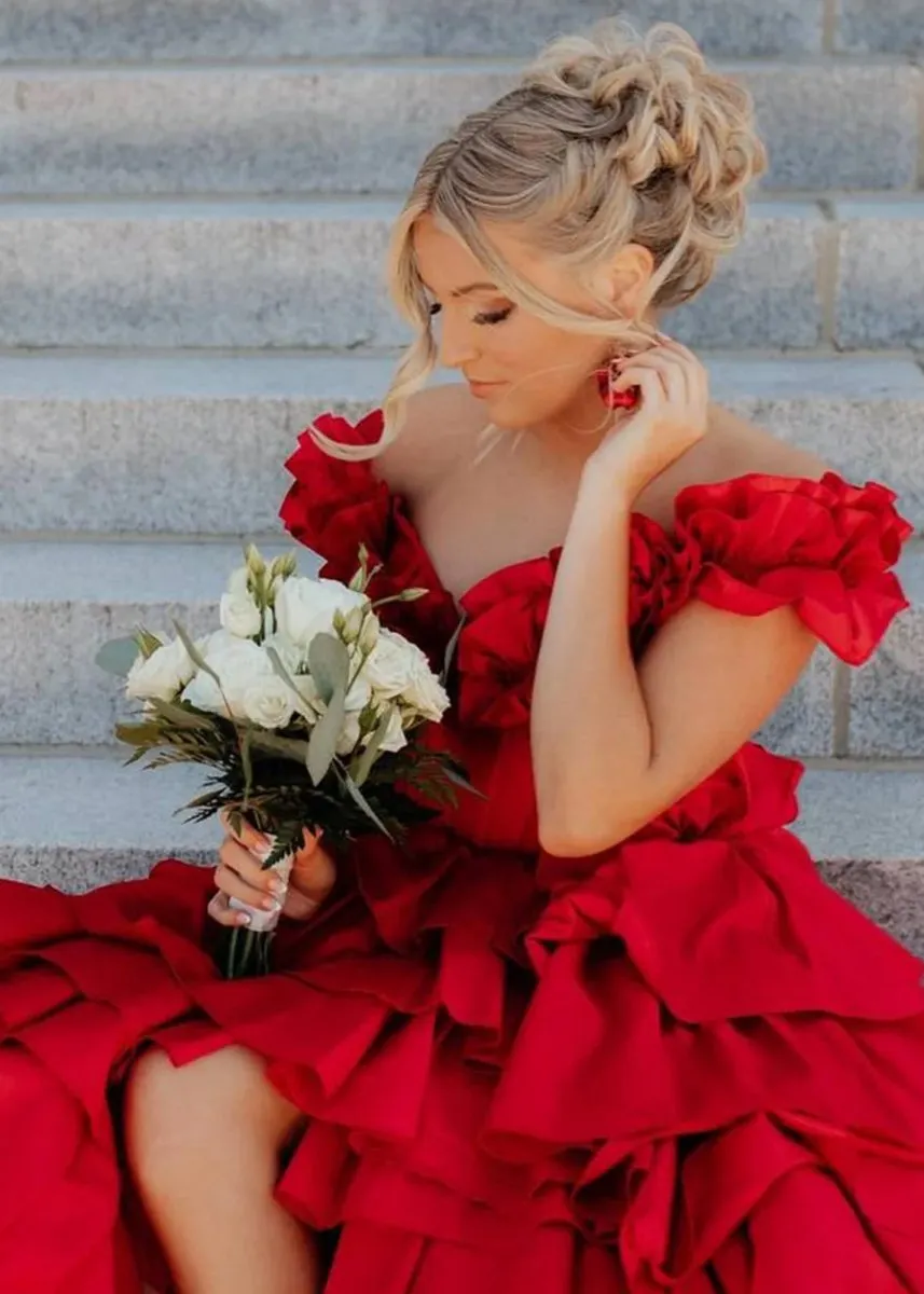 Off-Shoulder Ruched A-line Layered Satin Prom Dresses with Slit