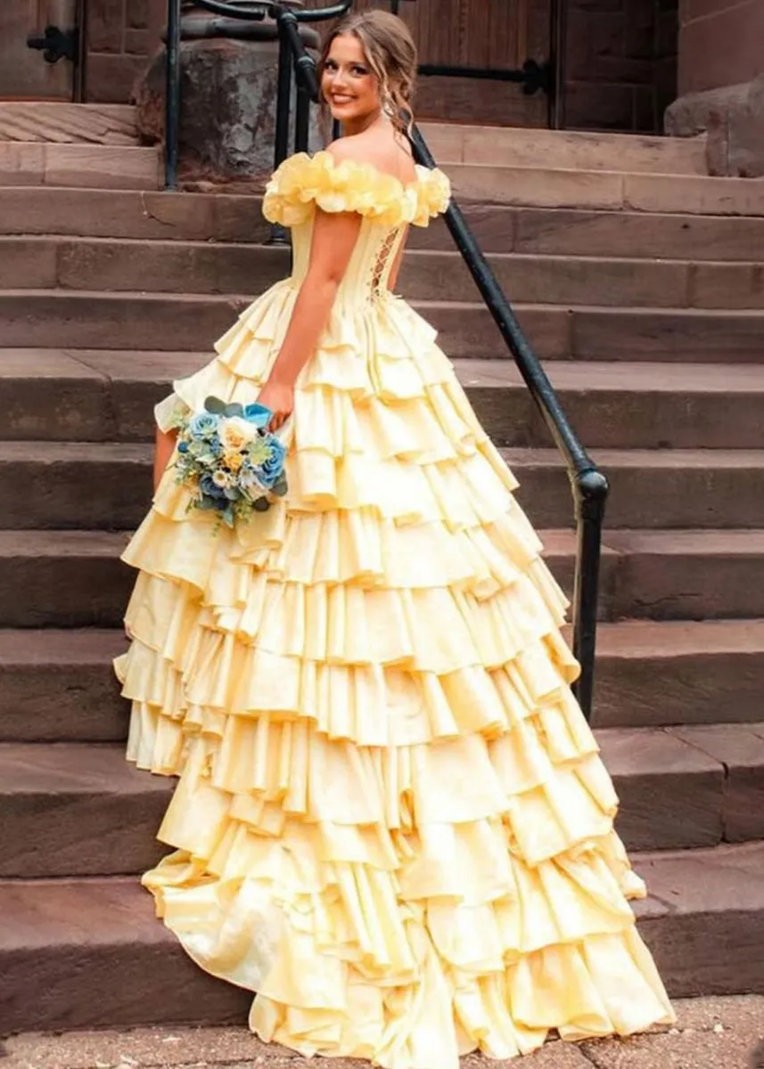 Off-Shoulder Ruched A-line Layered Satin Prom Dresses with Slit
