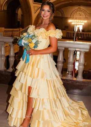 Off-Shoulder Ruched A-line Layered Satin Prom Dresses with Slit