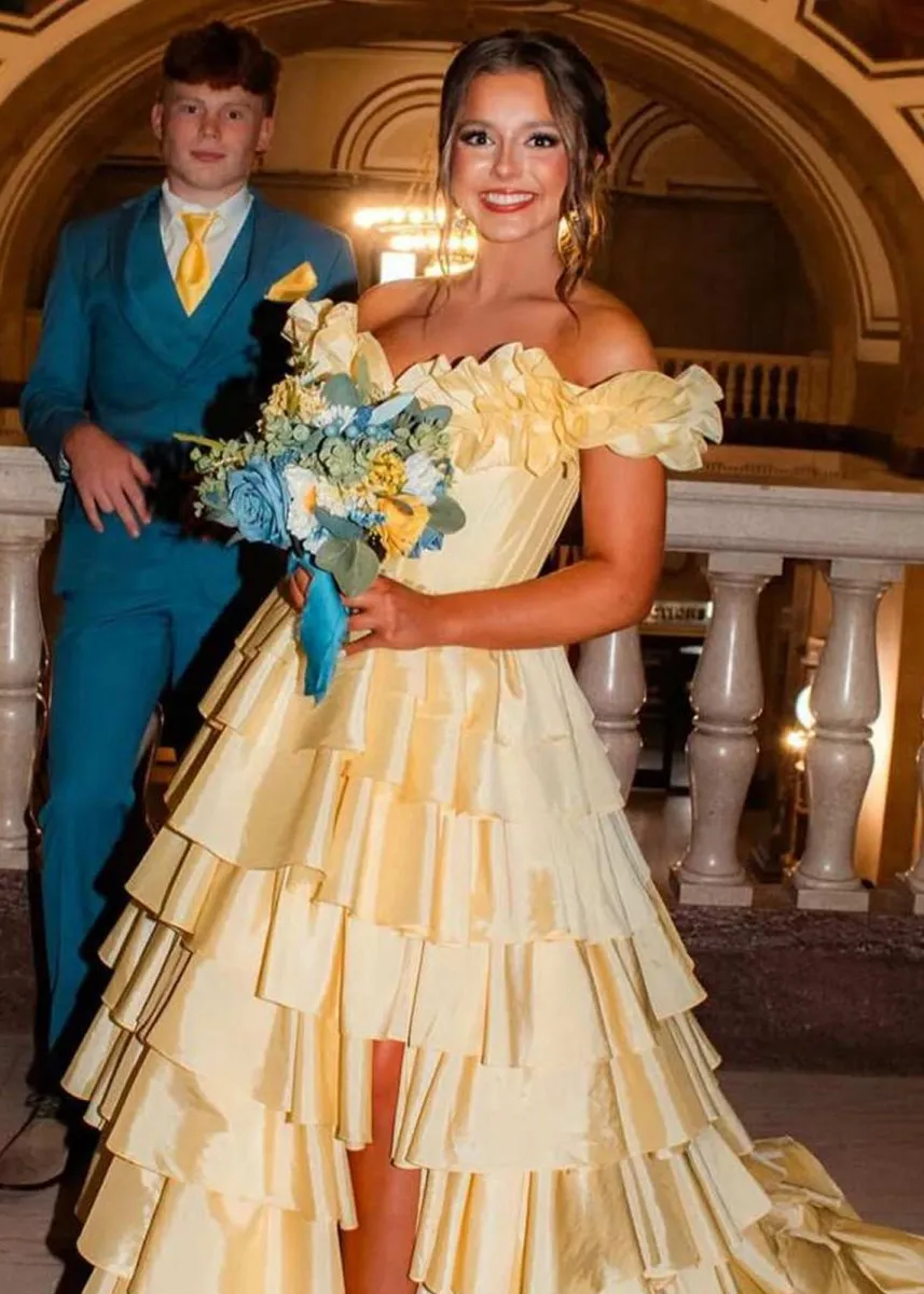 Off-Shoulder Ruched A-line Layered Satin Prom Dresses with Slit