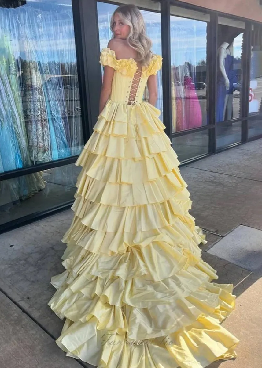 Off-Shoulder Ruched A-line Layered Satin Prom Dresses with Slit
