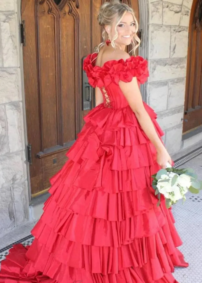Off-Shoulder Ruched A-line Layered Satin Prom Dresses with Slit