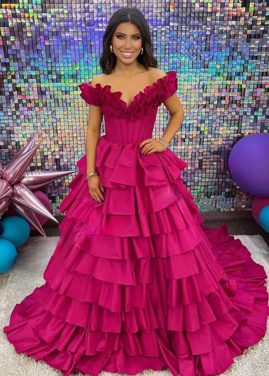Off-Shoulder Ruched A-line Layered Satin Prom Dresses with Slit