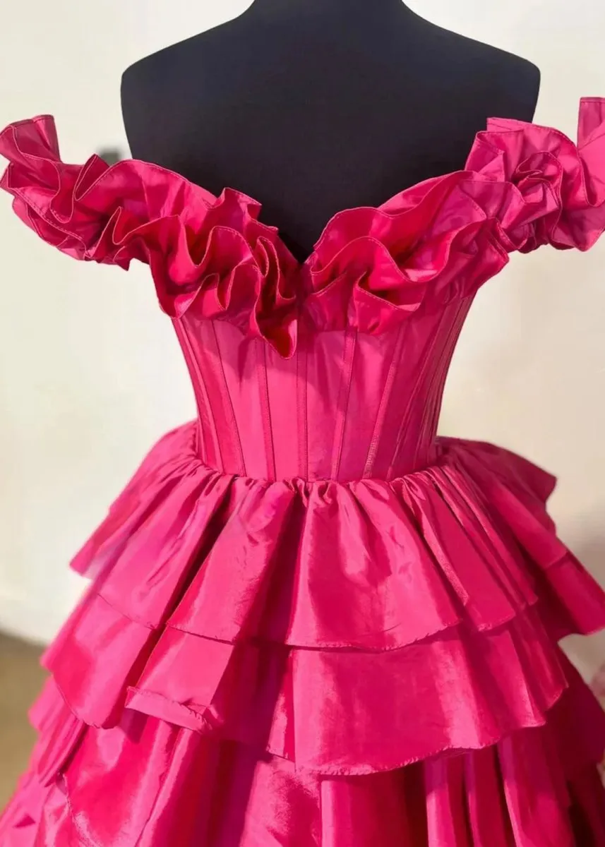 Off-Shoulder Ruched A-line Layered Satin Prom Dresses with Slit