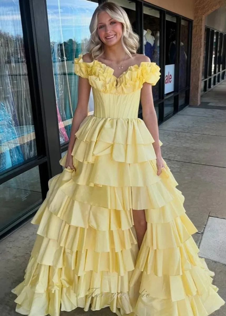 Off-Shoulder Ruched A-line Layered Satin Prom Dresses with Slit