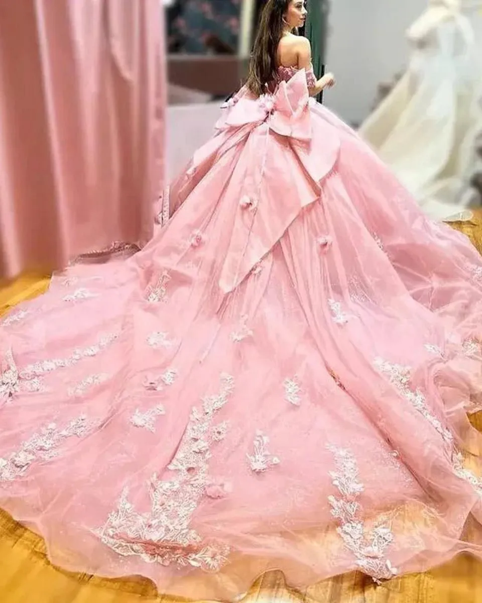 Off the Shoulder Lace Up Back Appliques Tulle Quinceanera Dresses