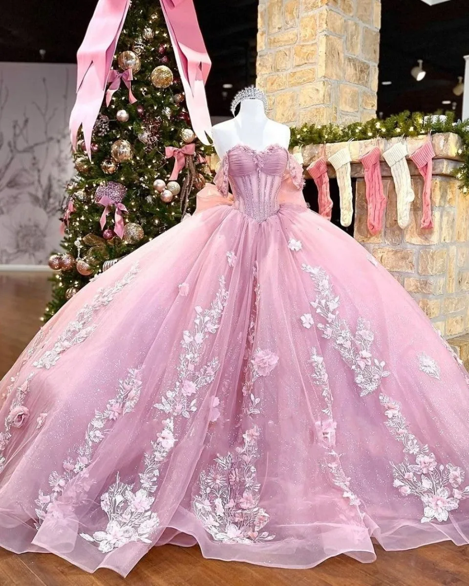 Off the Shoulder Lace Up Back Appliques Tulle Quinceanera Dresses