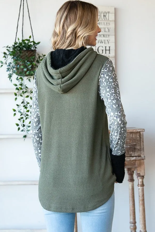 Olive Leopard Color Block Hooded Tunic Top