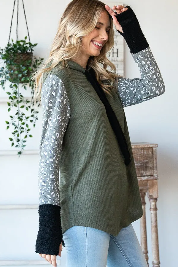 Olive Leopard Color Block Hooded Tunic Top