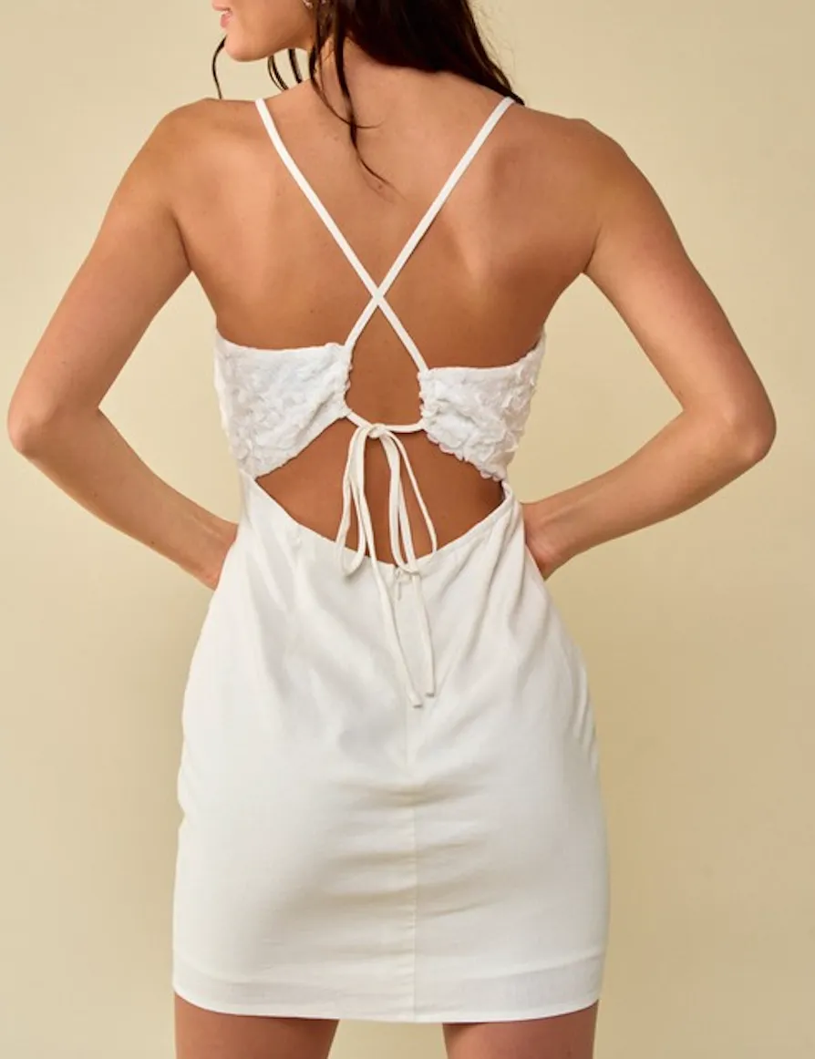 Open Back Floral Trim Mini Dress