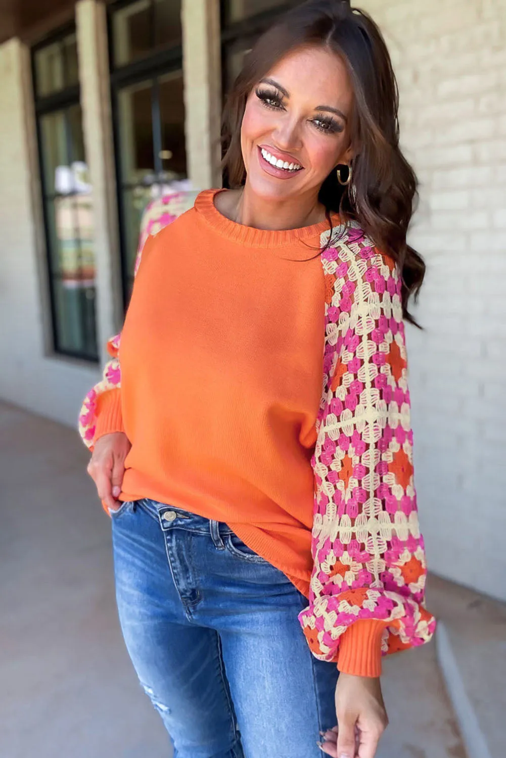 Orange Crochet Puff Sleeve Contrast Knit Sweater