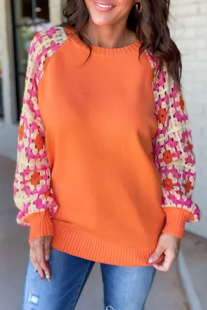 Orange Crochet Puff Sleeve Contrast Knit Sweater