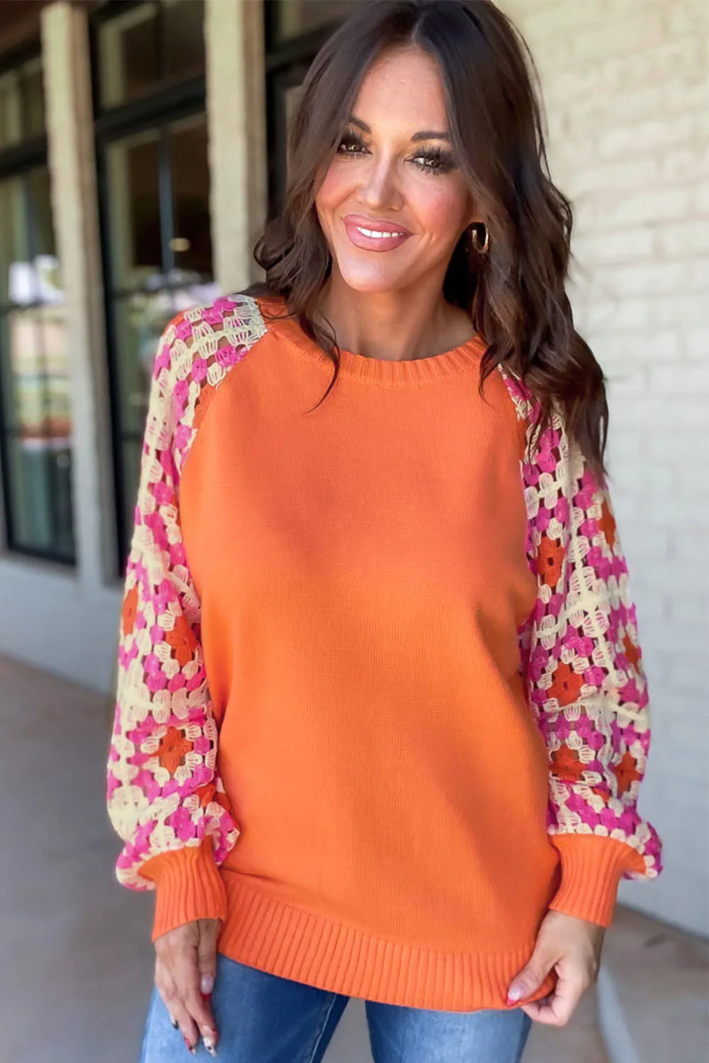 Orange Crochet Puff Sleeve Contrast Knit Sweater