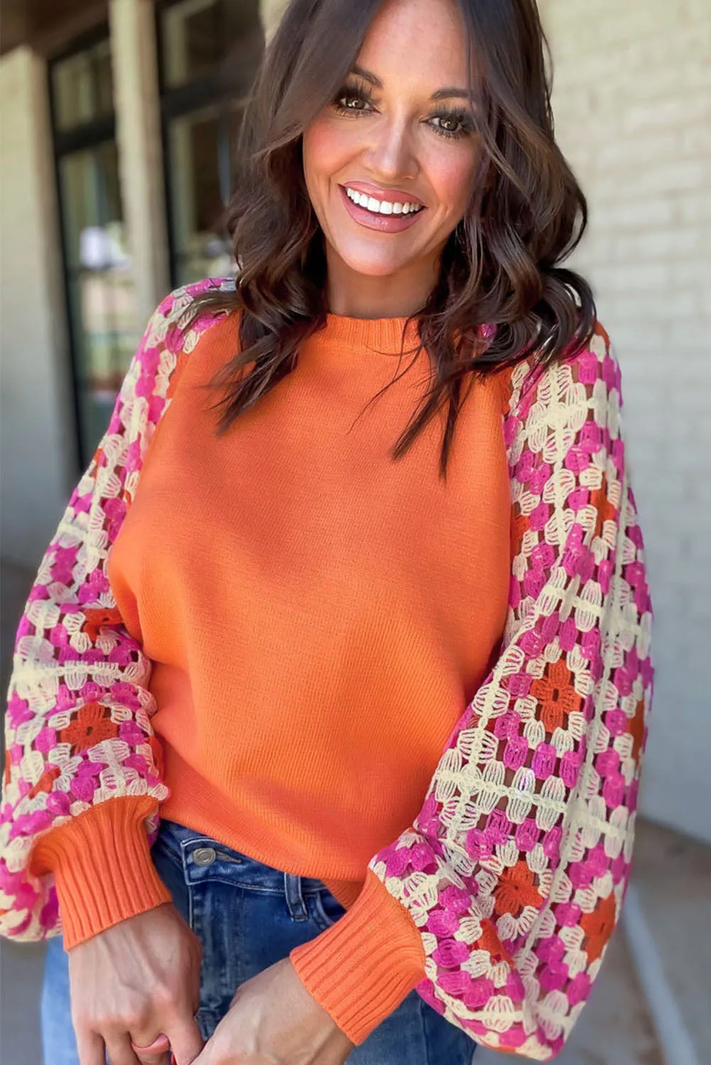 Orange Crochet Puff Sleeve Contrast Knit Sweater