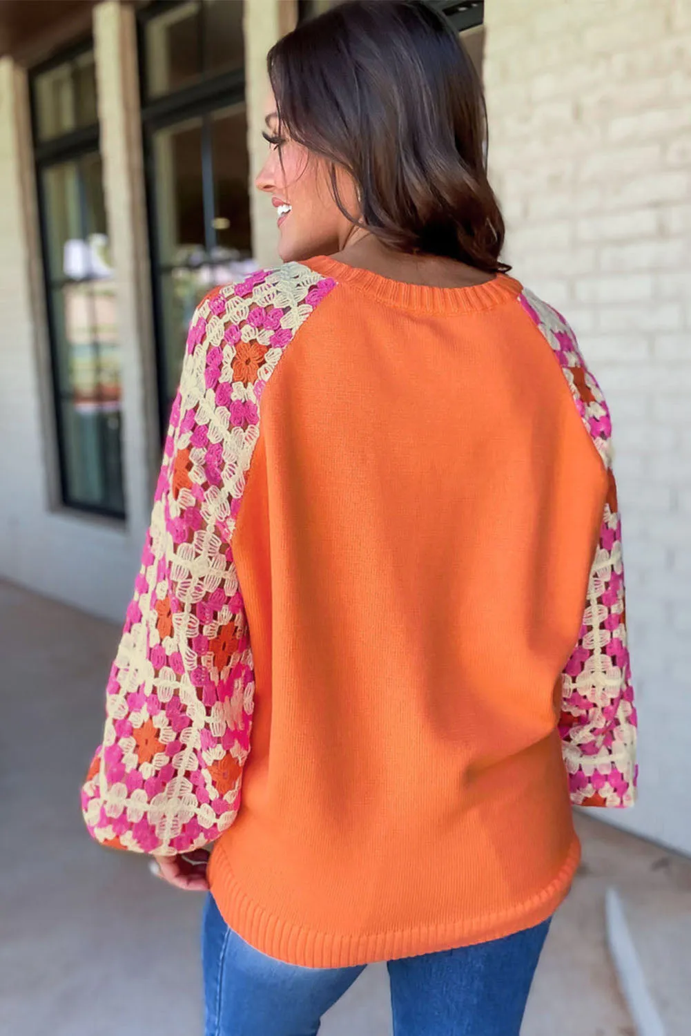Orange Crochet Puff Sleeve Contrast Knit Sweater