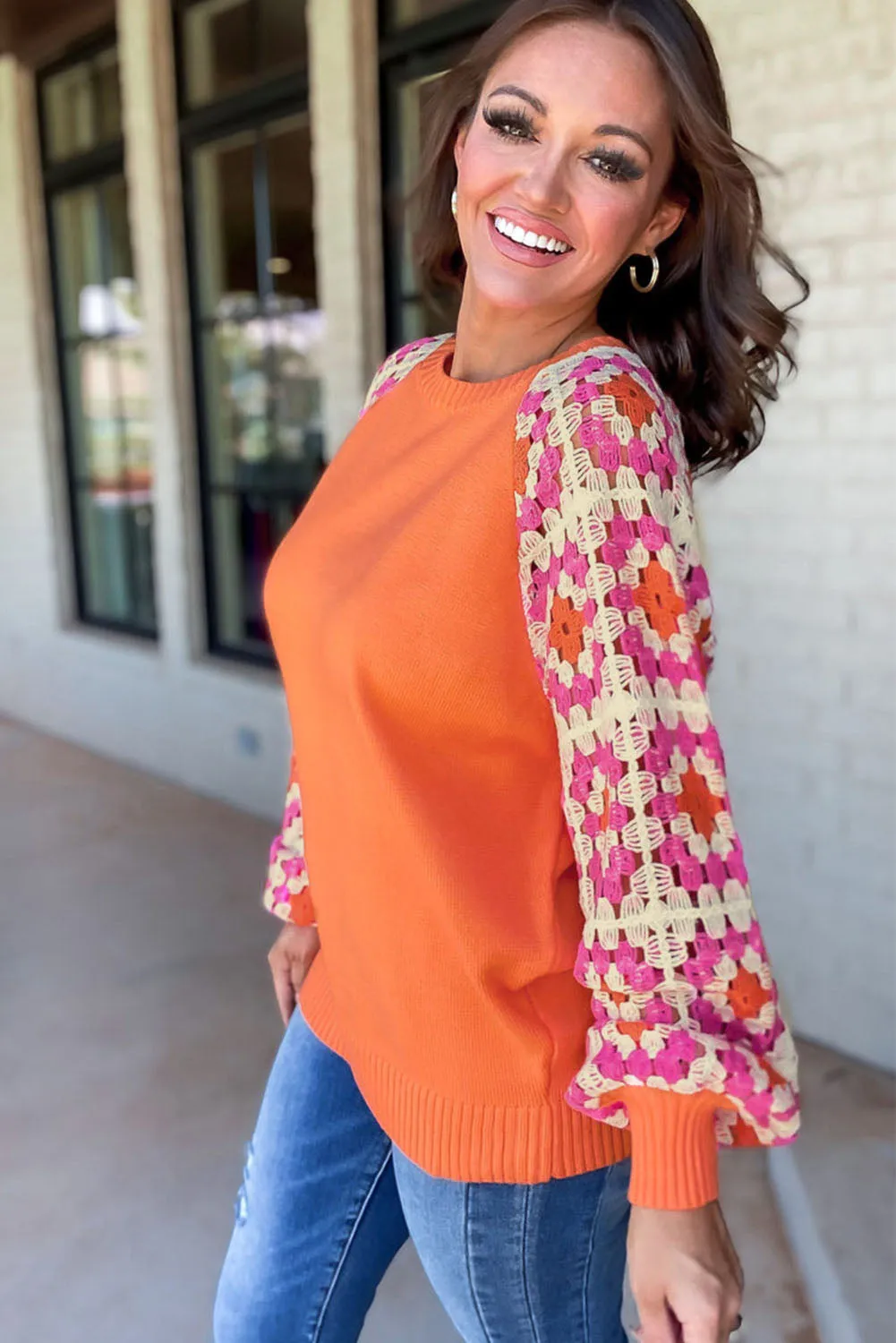 Orange Crochet Puff Sleeve Contrast Knit Sweater