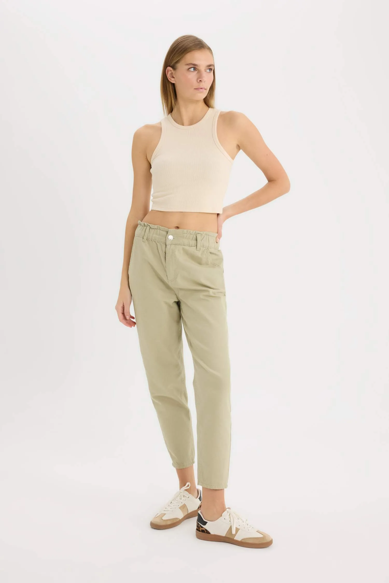 Paperbag Gabardin Fabric Pants Standard Leg Pockets