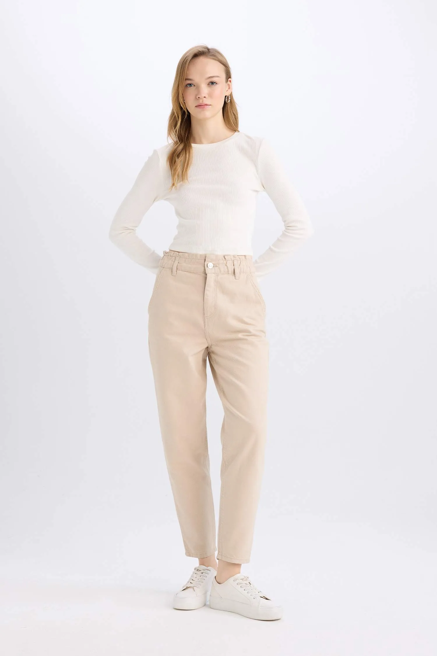 Paperbag Gabardin Fabric Pants Standard Leg Pockets