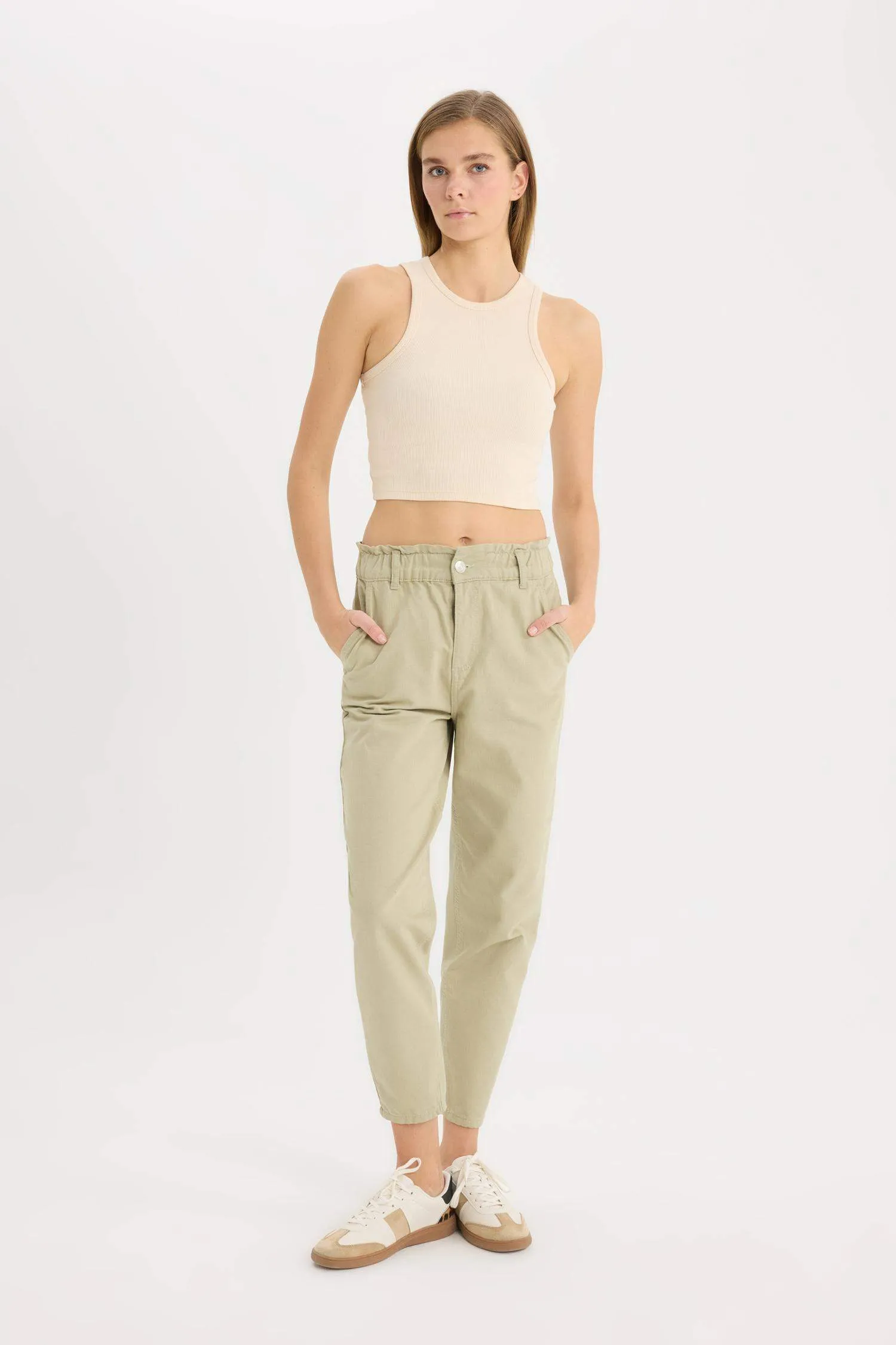 Paperbag Gabardin Fabric Pants Standard Leg Pockets