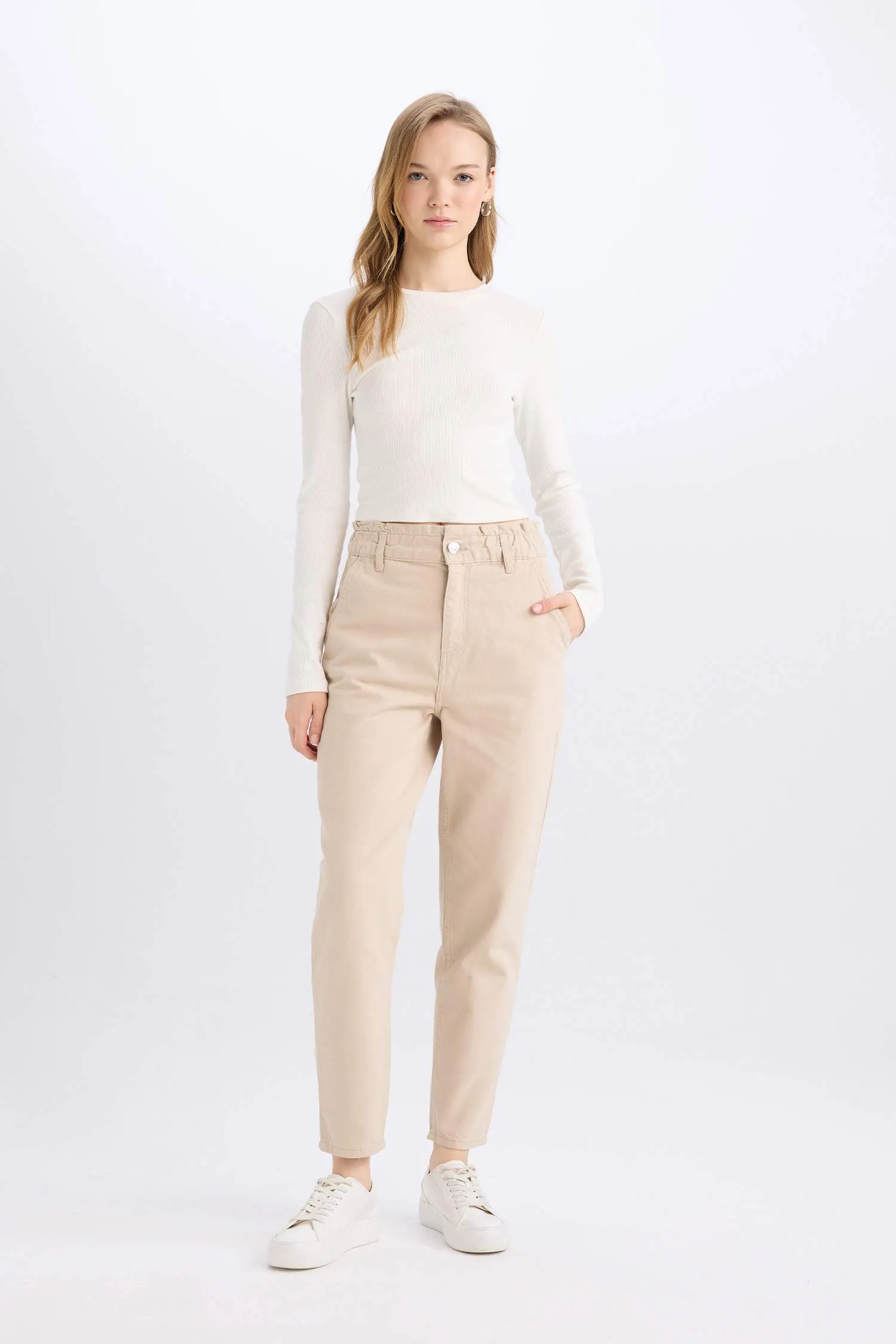 Paperbag Gabardin Fabric Pants Standard Leg Pockets