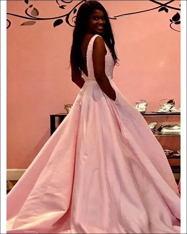 Pink Elastic Satin Prom Dresses with V Neckline 2018 Elegant Prom Gowns with Beadings