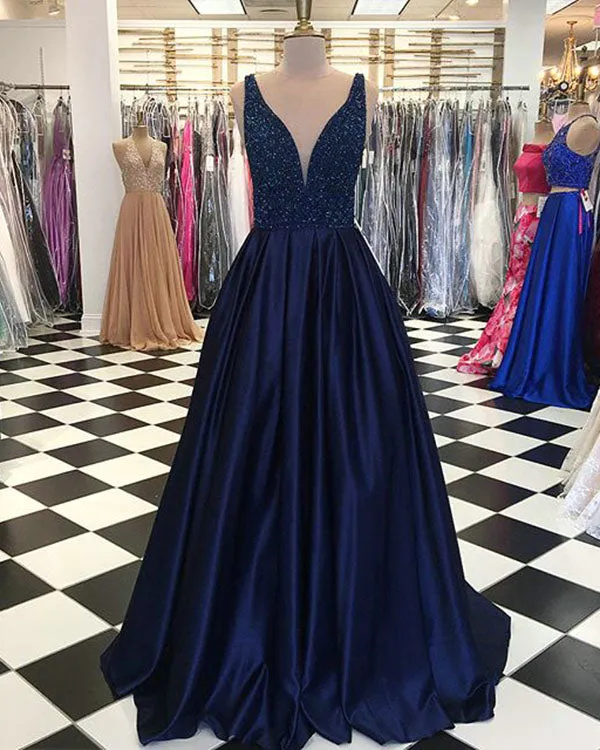Pink Elastic Satin Prom Dresses with V Neckline 2018 Elegant Prom Gowns with Beadings