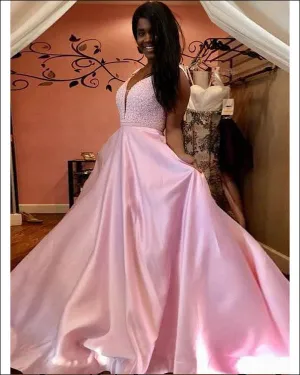 Pink Elastic Satin Prom Dresses with V Neckline 2018 Elegant Prom Gowns with Beadings
