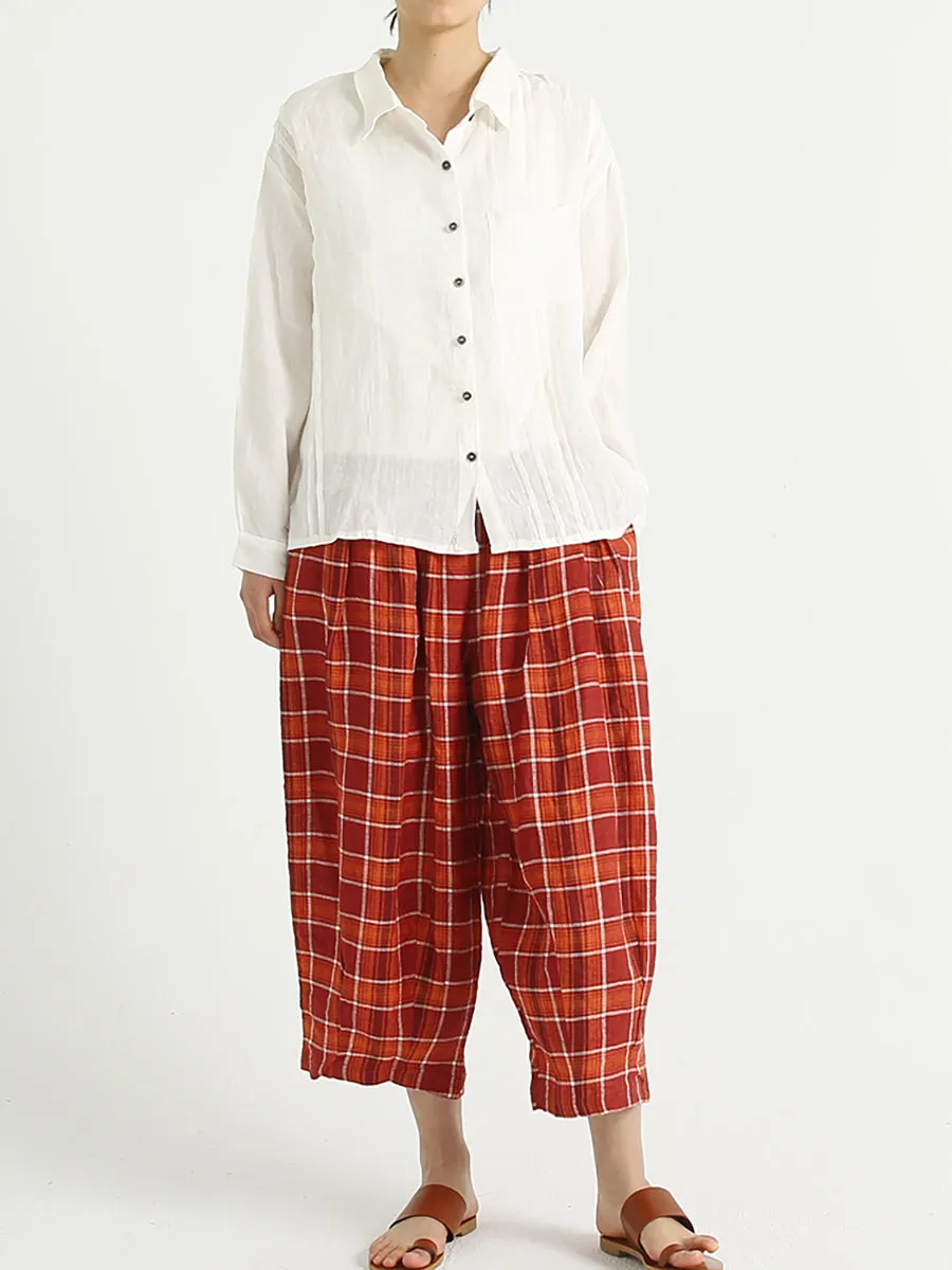 Plaid Linen Loose Elastic Waist Women Wide Leg Pants
