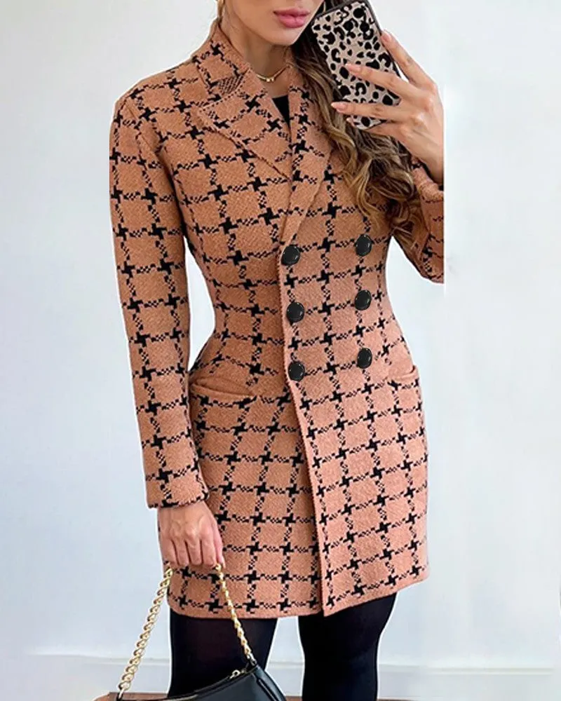 Plaid Print Double Breasted Knit Cardigan