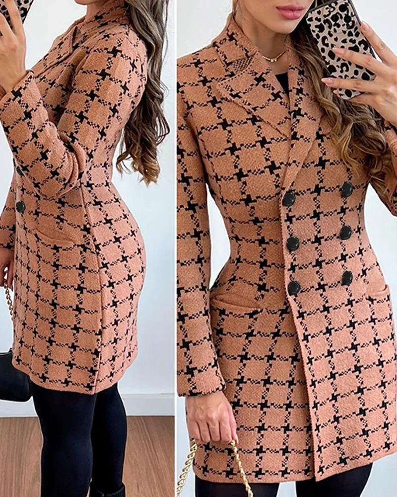 Plaid Print Double Breasted Knit Cardigan