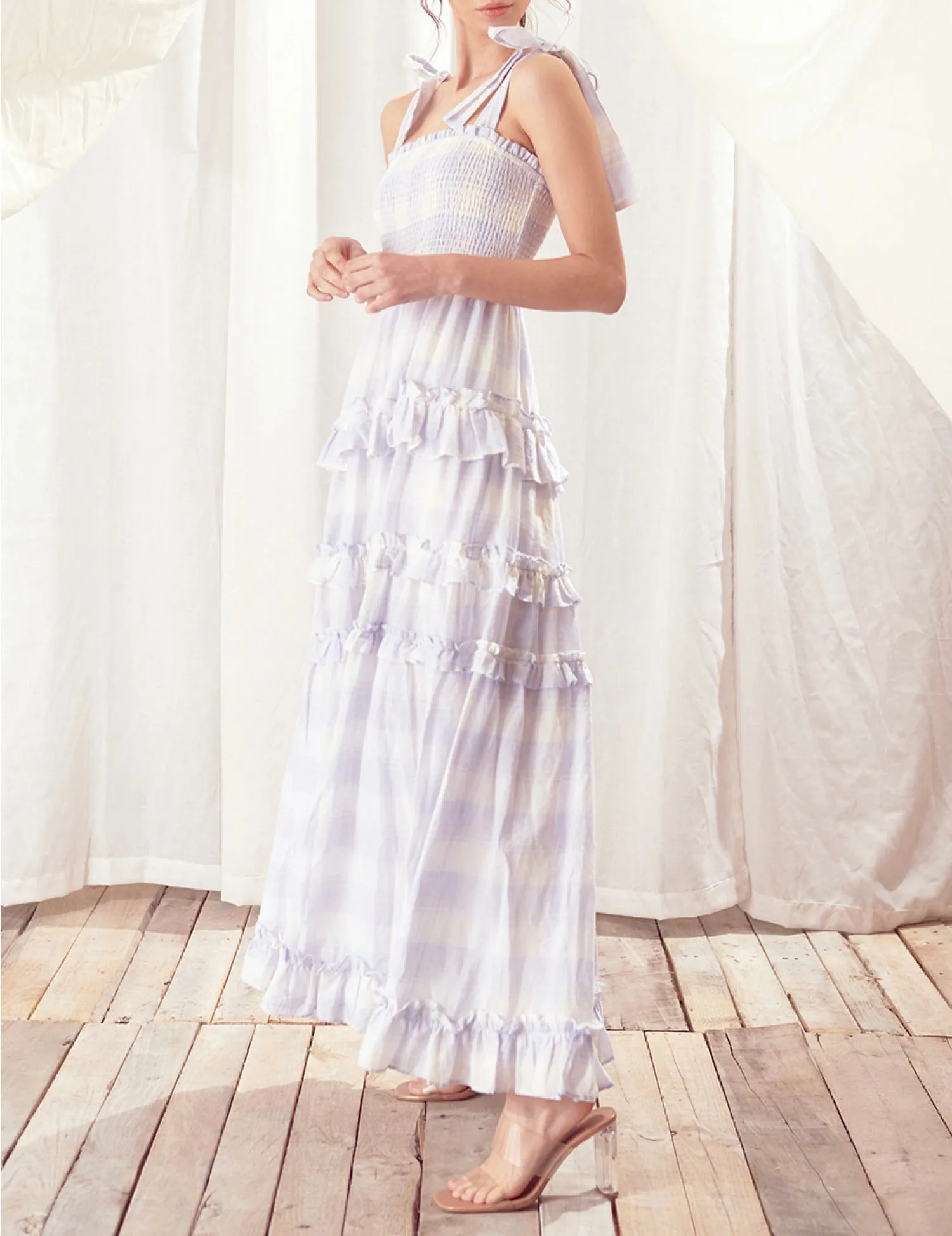 Plaid Tie Ruffle Maxi Dress