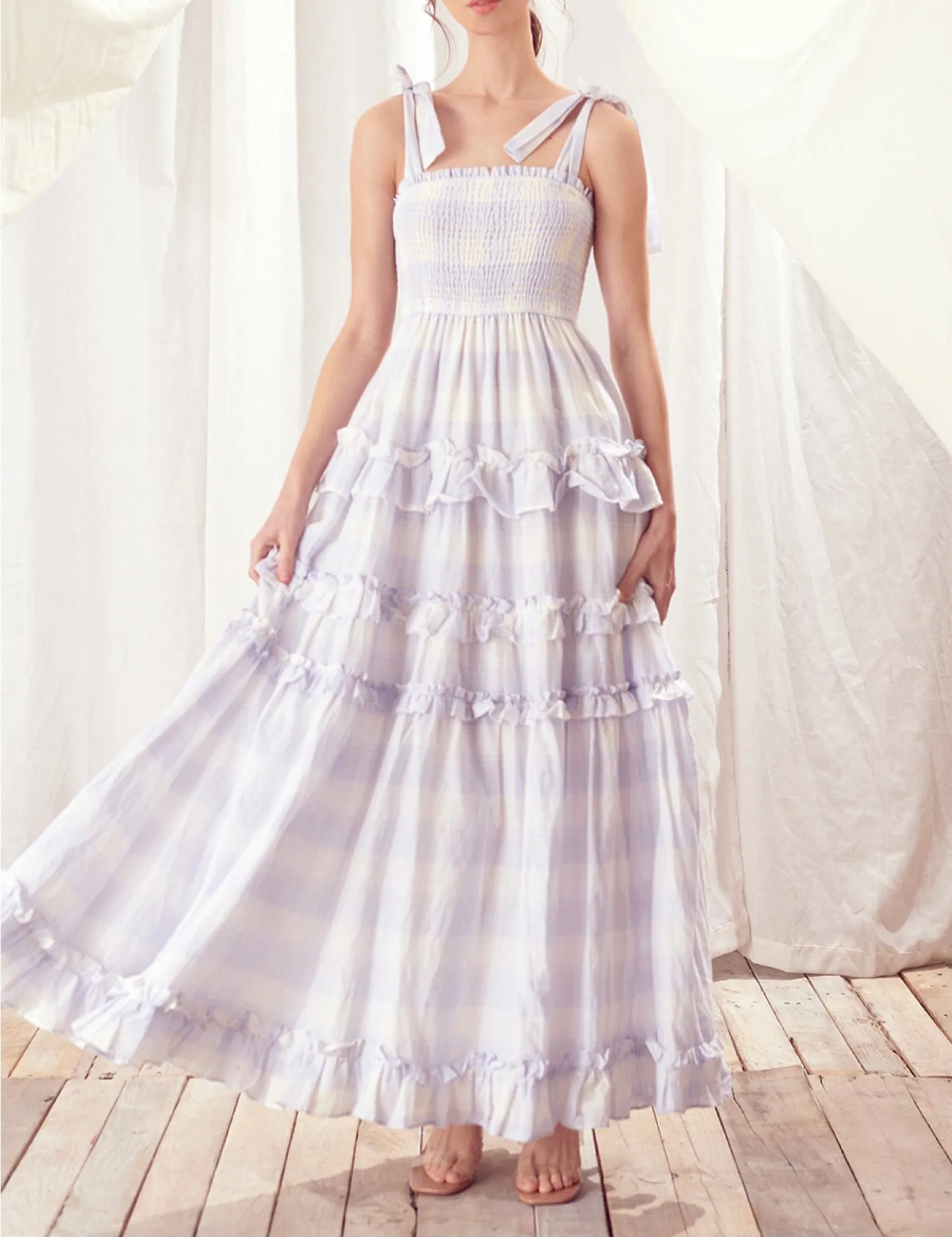 Plaid Tie Ruffle Maxi Dress
