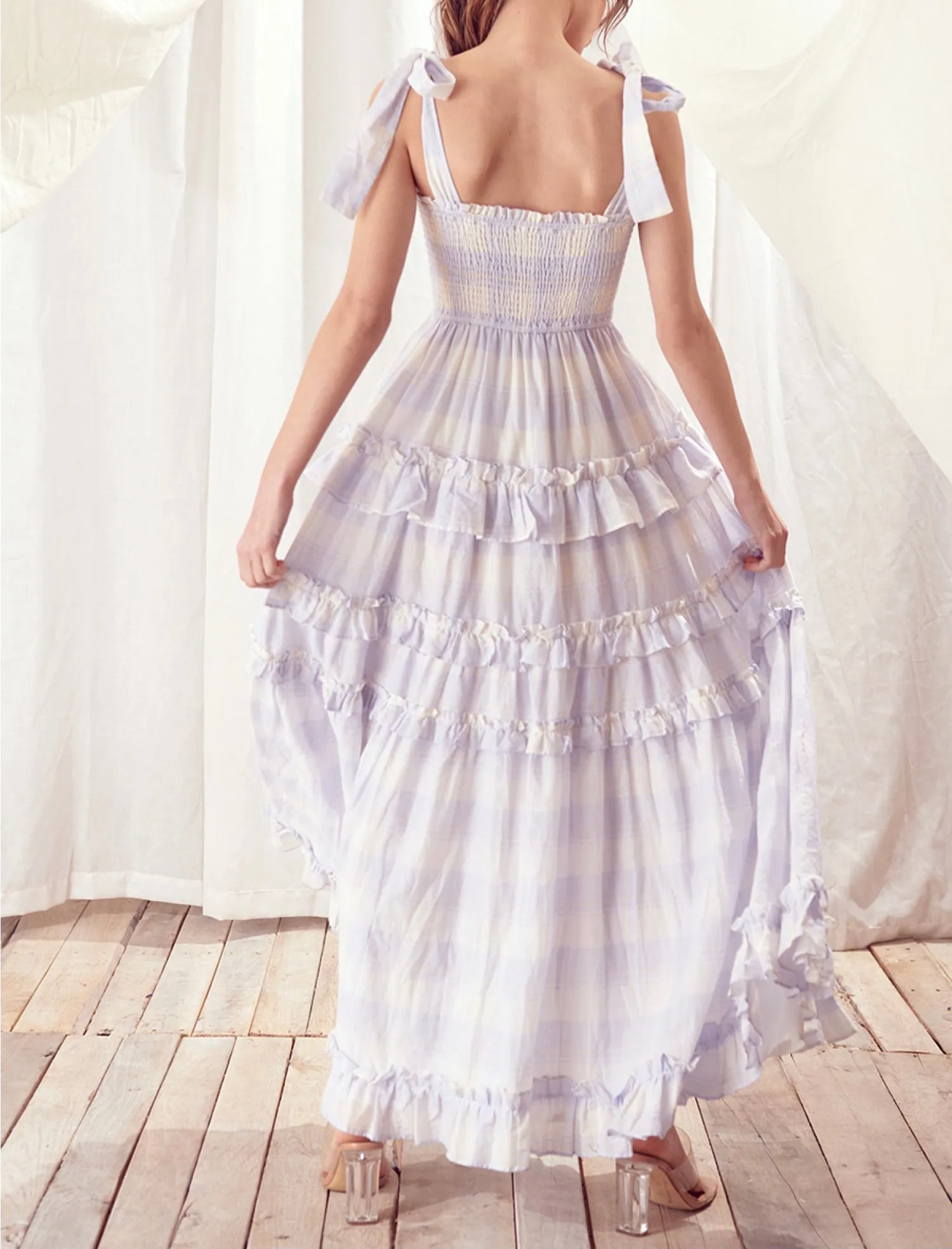Plaid Tie Ruffle Maxi Dress