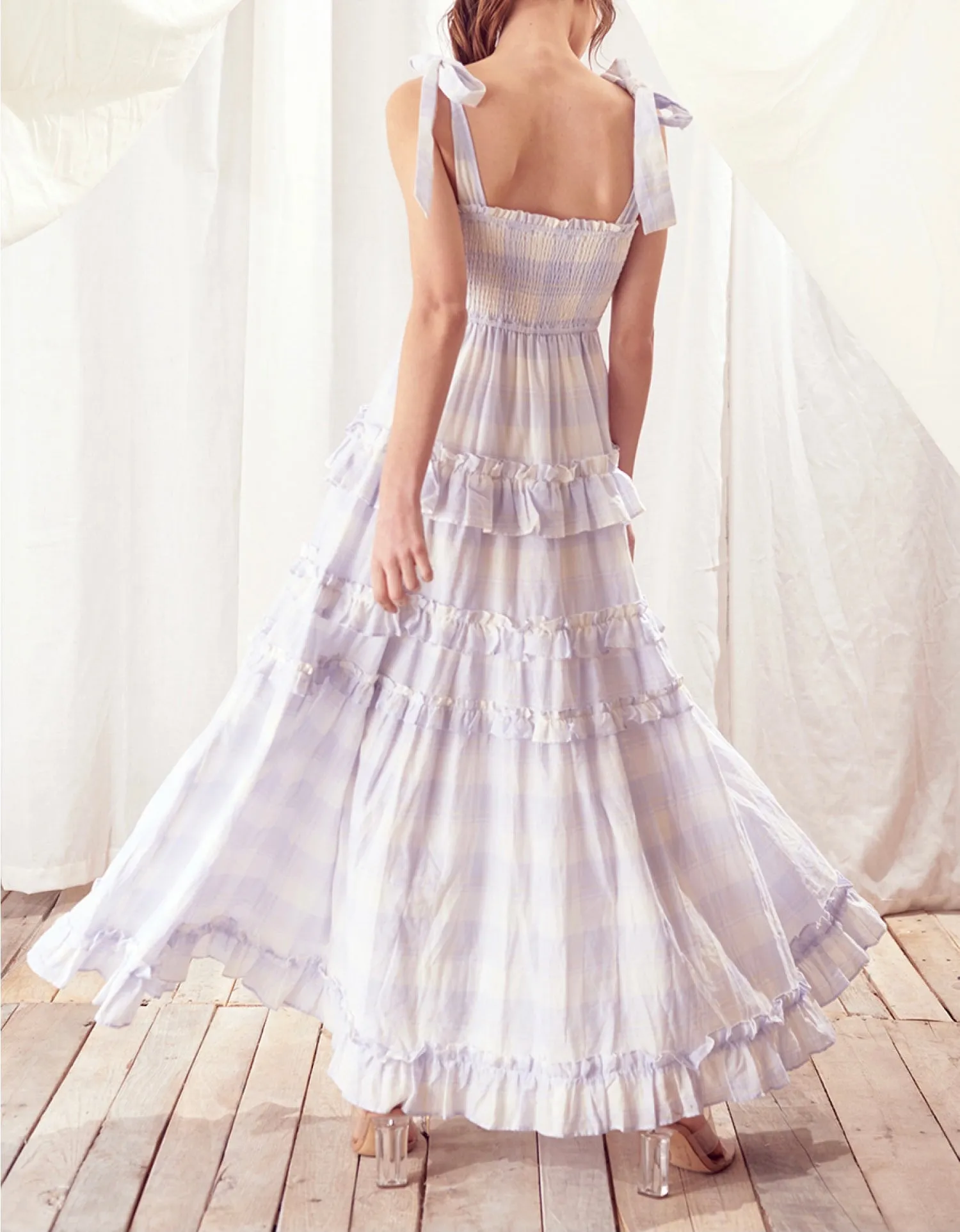 Plaid Tie Ruffle Maxi Dress