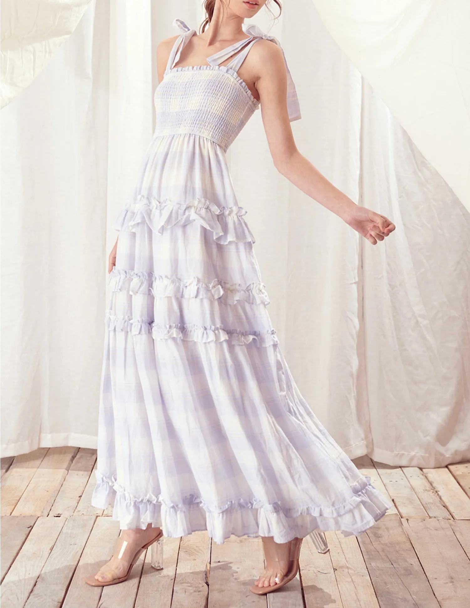 Plaid Tie Ruffle Maxi Dress