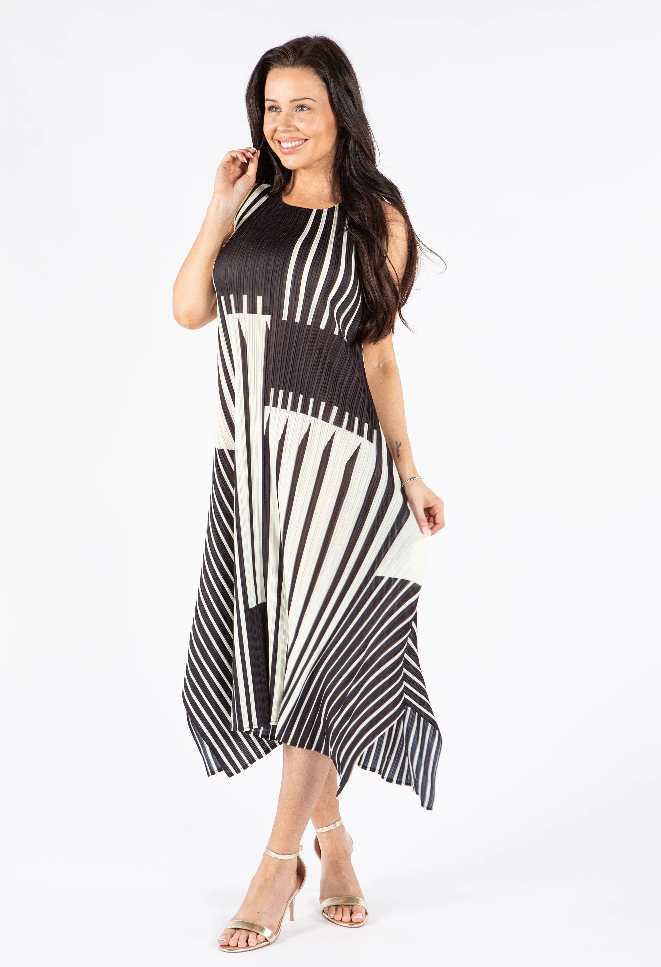 Pleated Stripe Midi Dress