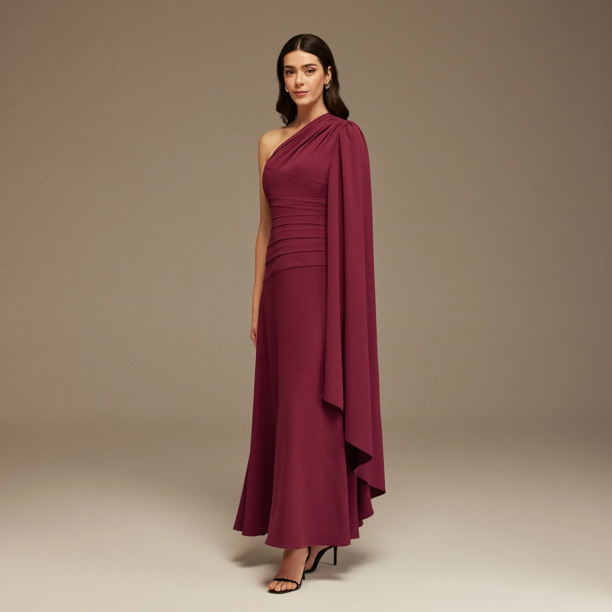 Plum One Shoulder Sleeveless Crepe Dress