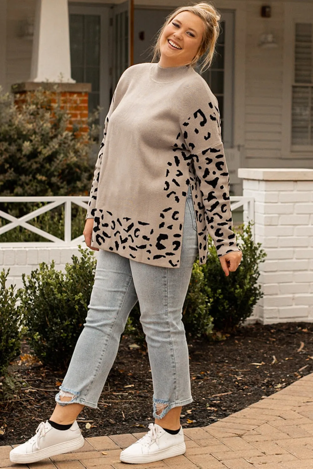 Plus Size Leopard High Neck Sweater