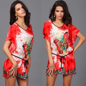 Plus size summer dress Women Retro Loose Ethnic Print Boho Skater Batwing silk short sleeve tunics vintage bohemian dress
