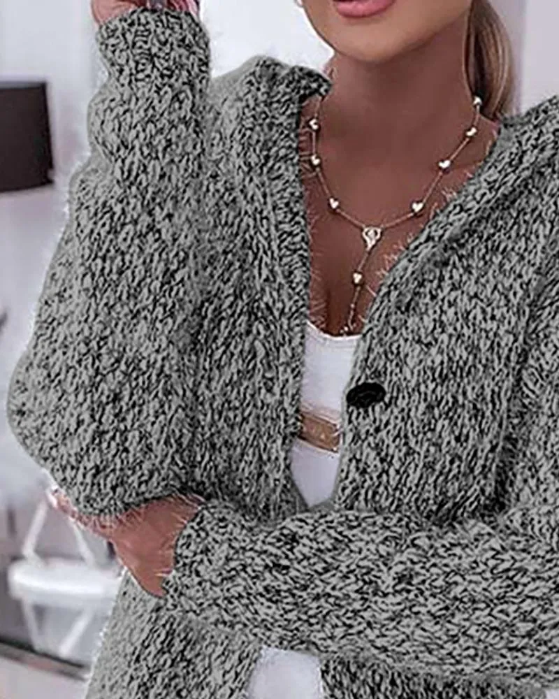 Pocket Design Fuzzy Knit Hooded Cardigan
